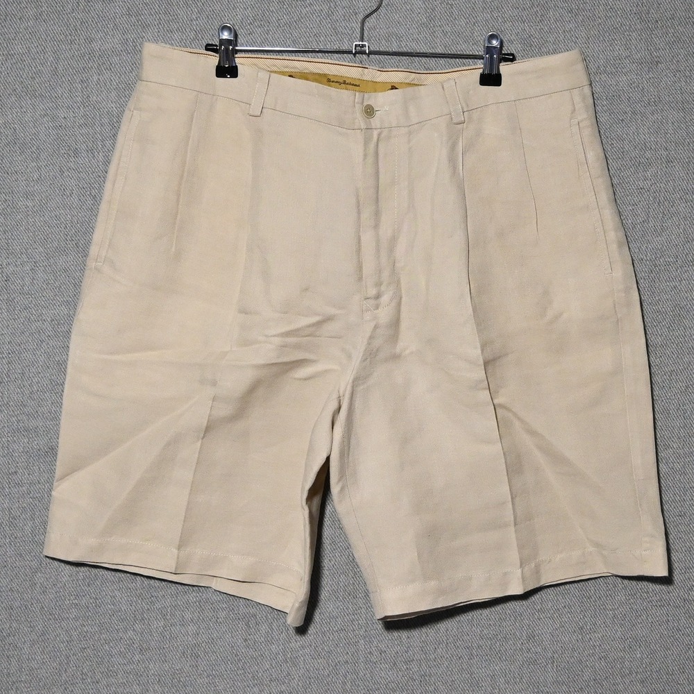 Tommy Bahama Pleated Shorts Mens Linen Silk Herringbone 36 Beige
